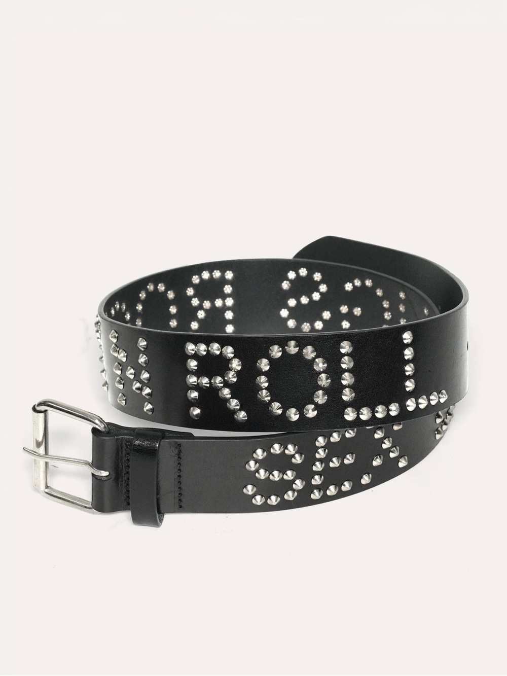 Studded Black Leather Belt “Sex Drugs and Rock N Roll” with Silver Hardware
